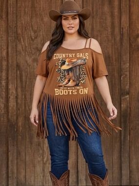 Brown Cold-Shoulder Fringe Tee with Graphic 0XL Shein
